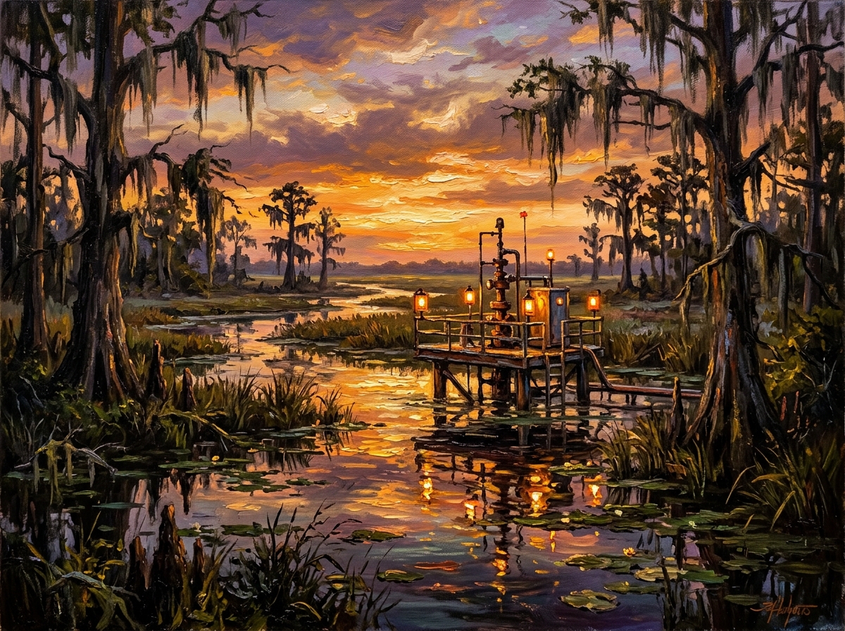 Impressionistic oil painting of a Louisiana coastal bayou natural gas wellhead and cypress marsh at golden sunset