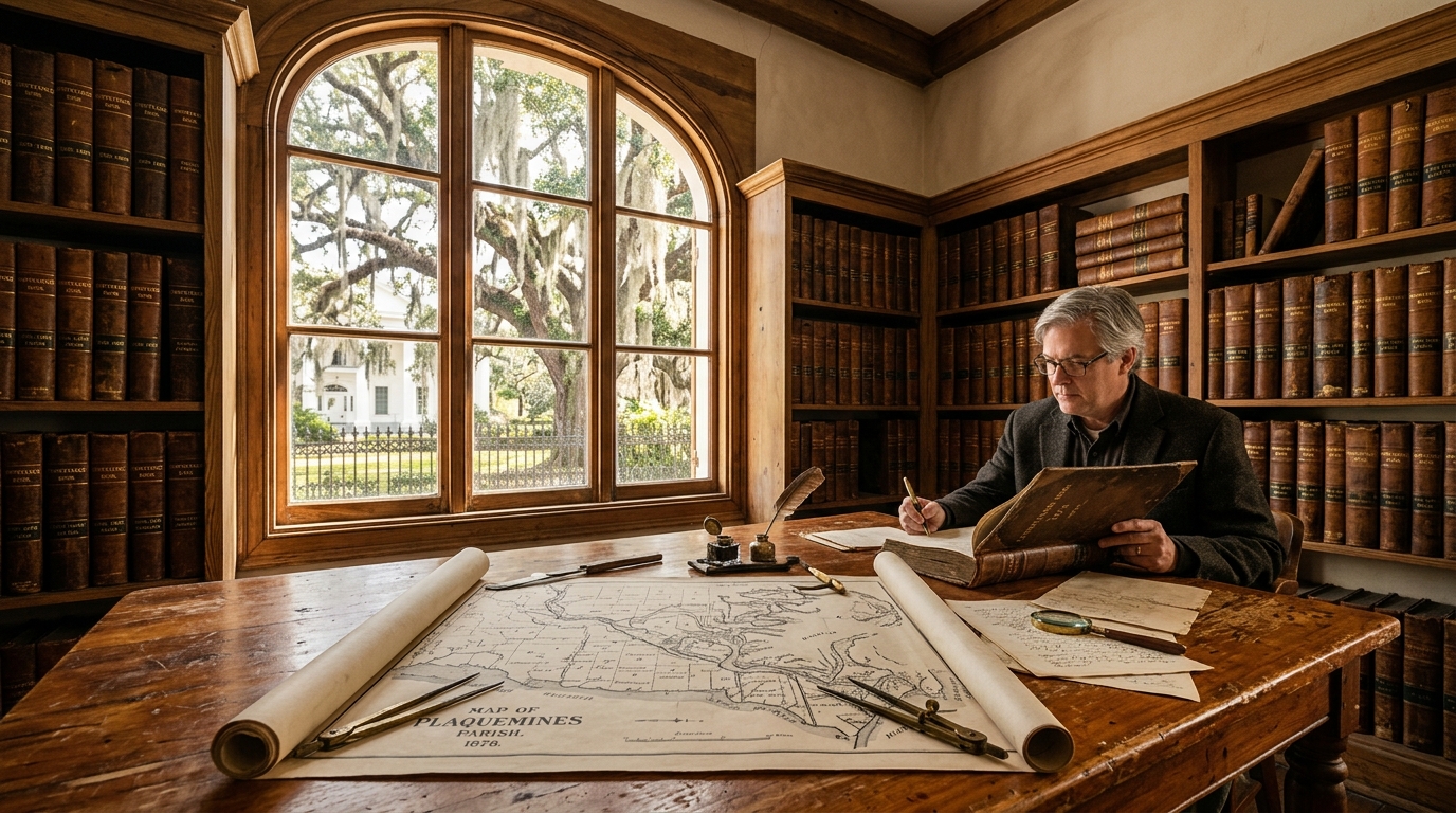 Experienced landman examining historic Louisiana conveyance deed ledgers in a parish courthouse records room